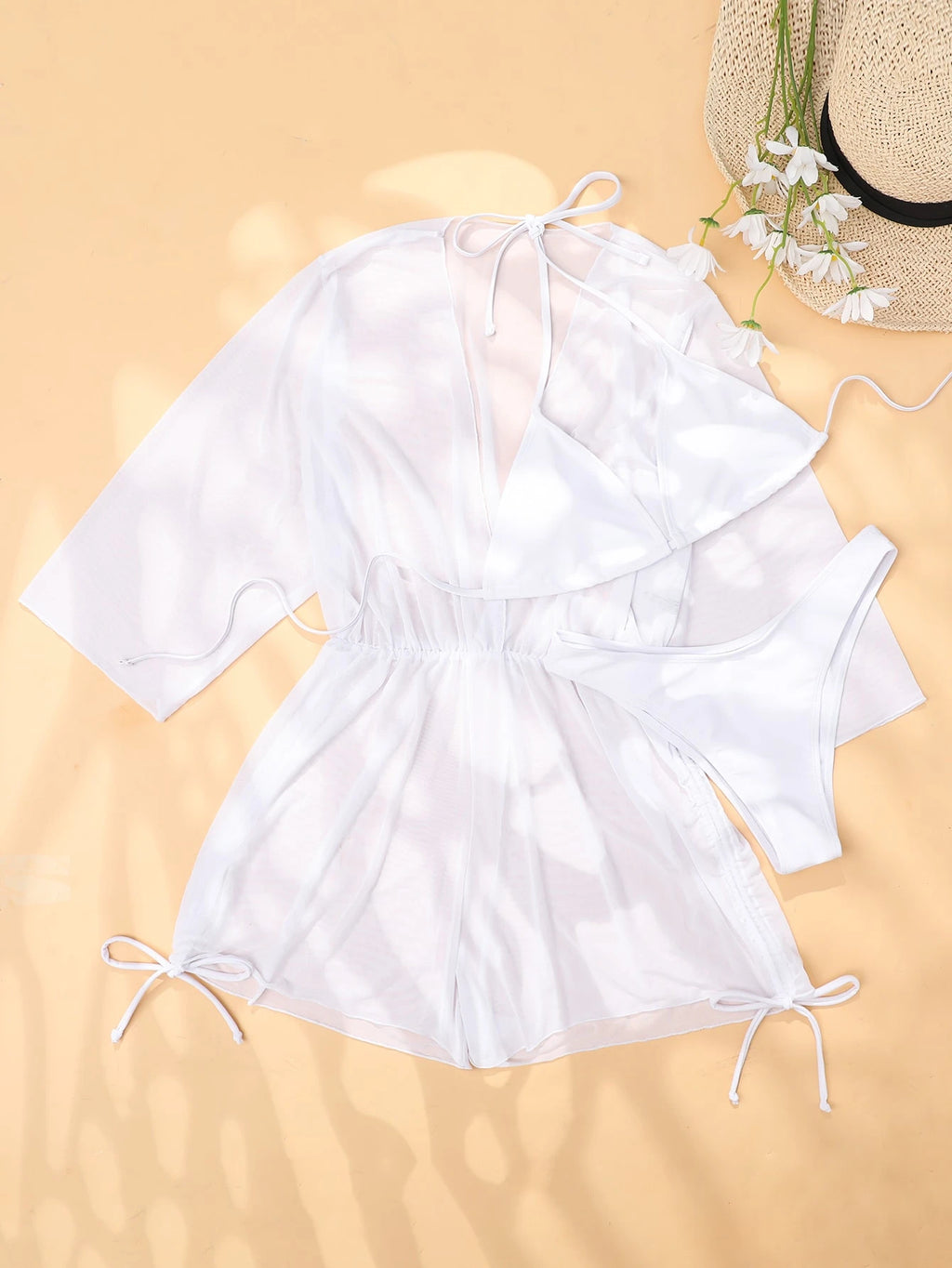Swim Lushoire Women's Summer New Solid Color 3 Pieces Set Halter Bikini Low-Waist Triangle Panty Mesh Romper - image 9