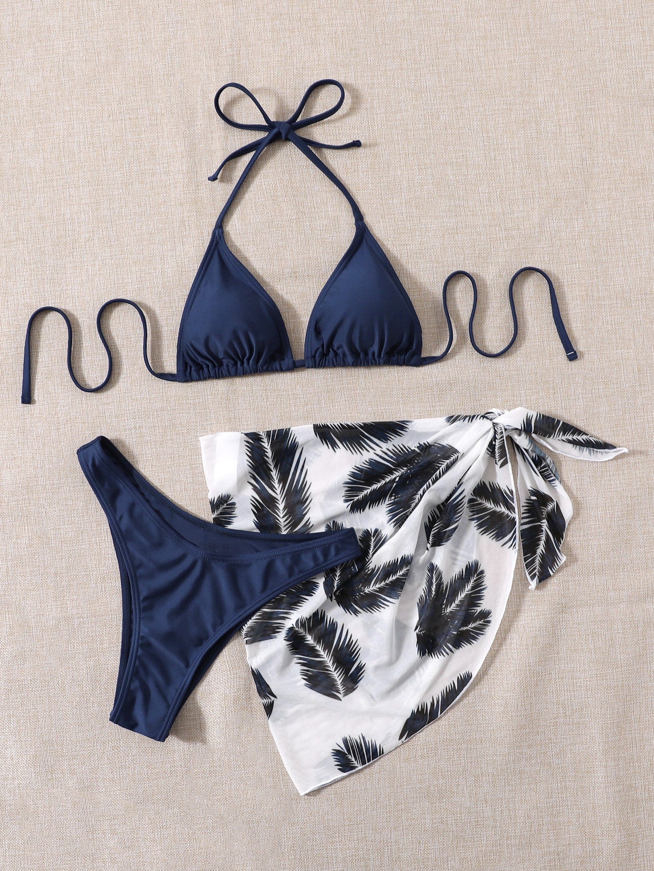 Swim Vcay Summer Beach Leaf Print Bikini Set Halter Triangle Bra &