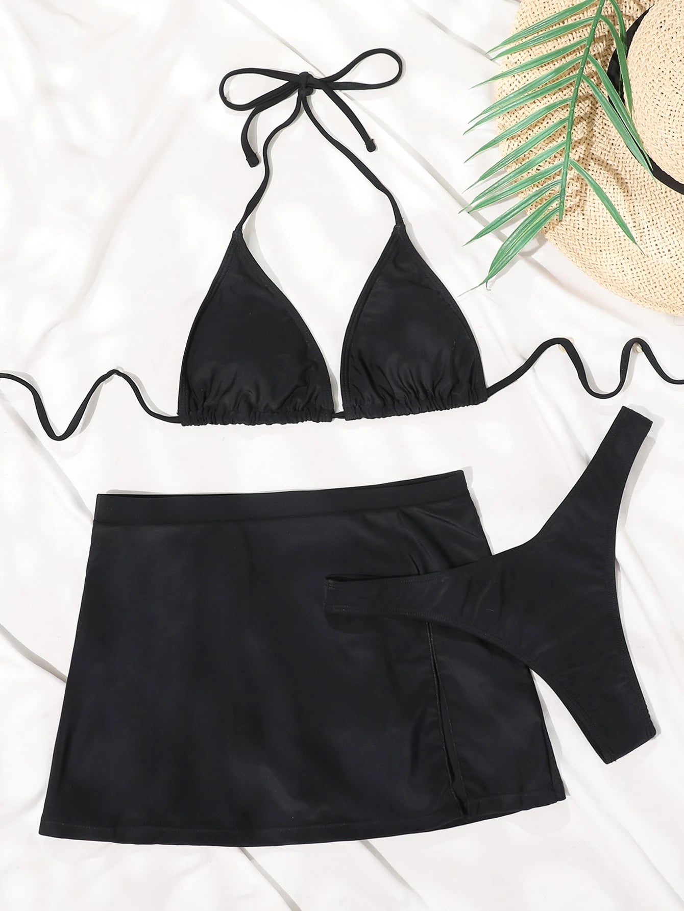 Elenzga Summer Beach Mono Bikini Set Halter Triangle Bra Top & Thong & Skirt 3 Piece Bathing Suit - image 3
