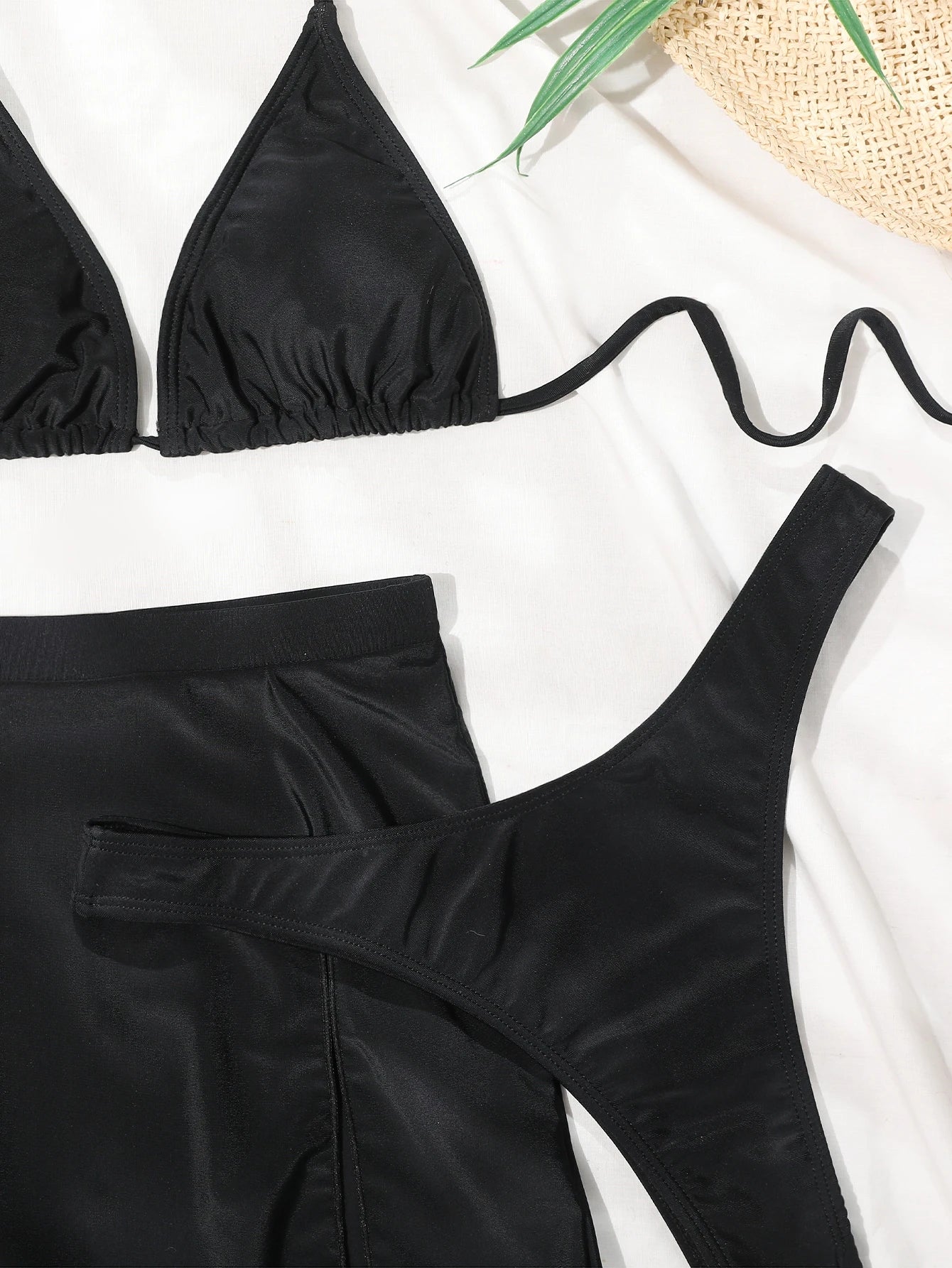 Elenzga Summer Beach Mono Bikini Set Halter Triangle Bra Top & Thong