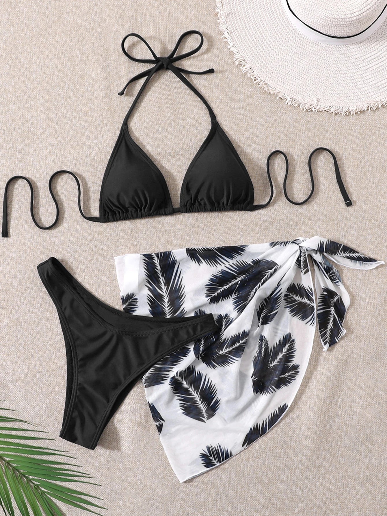 Swim Vcay Summer Beach Leaf Print Bikini Set Halter Triangle Bra &