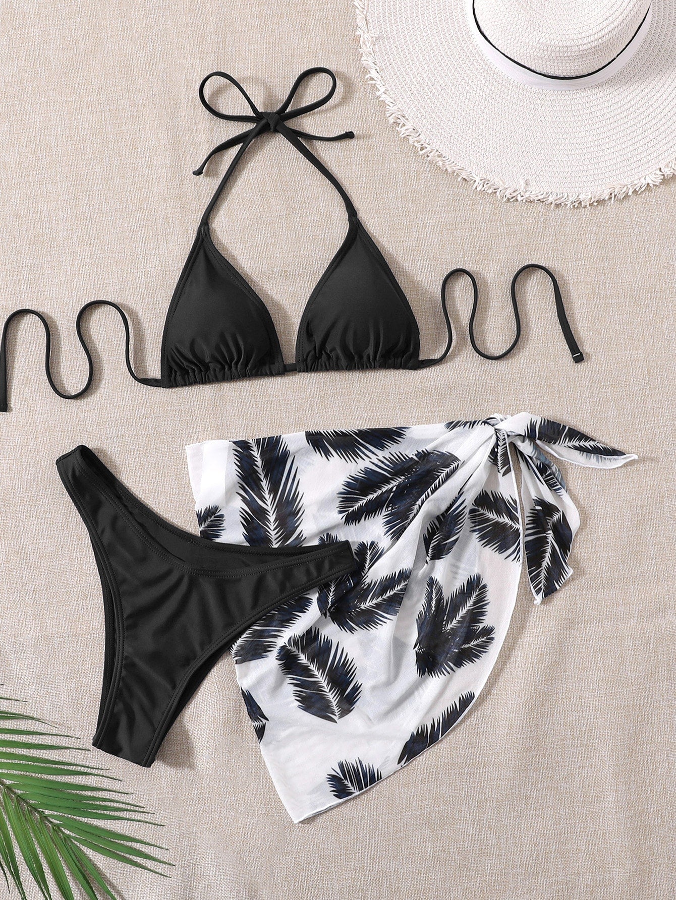 Swim Vcay Summer Beach Leaf Print Bikini Set Halter Triangle Bra &
