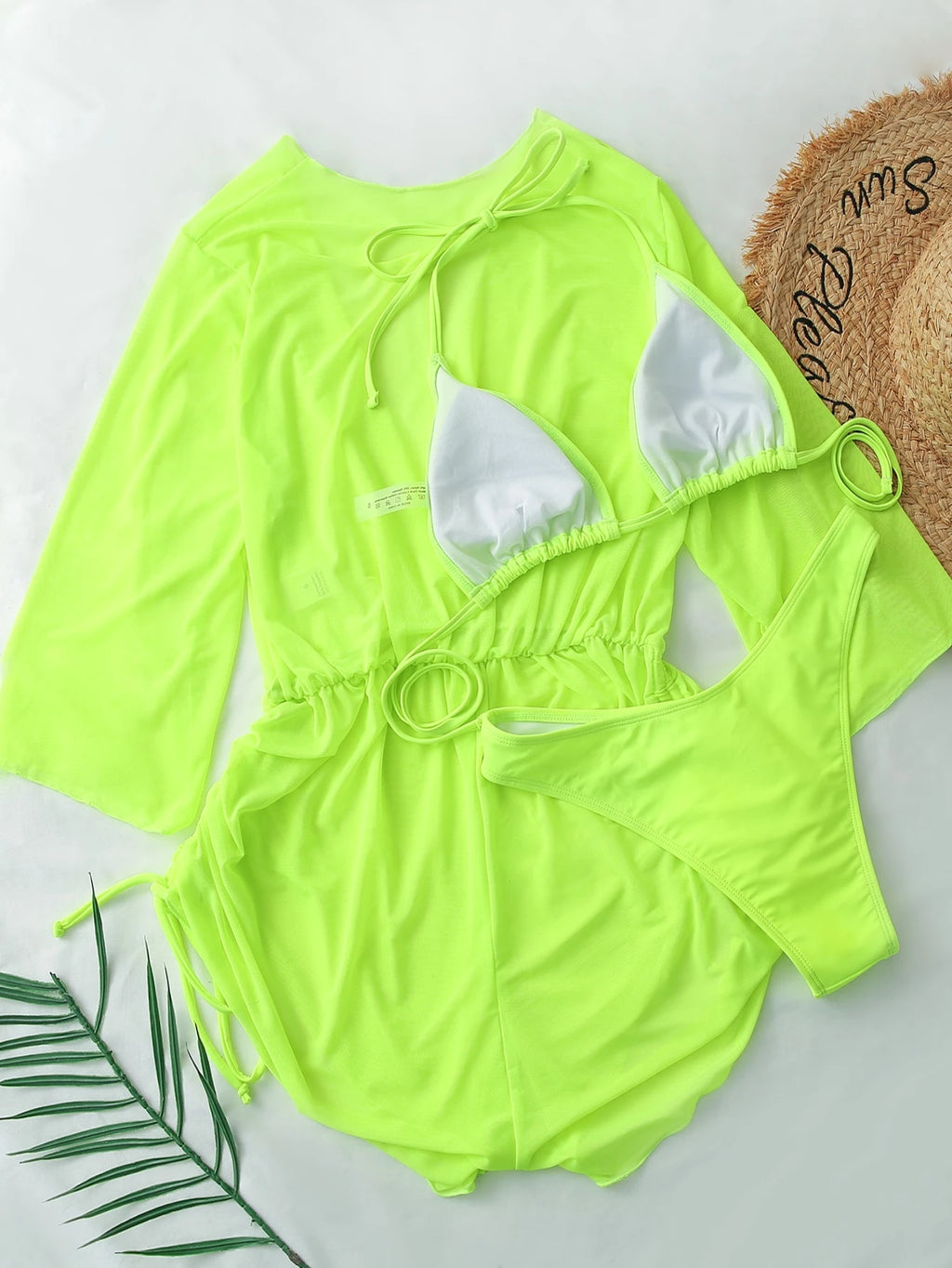 Swim Lushoire Women's Summer New Solid Color 3 Pieces Set Halter Bikini Low-Waist Triangle Panty Mesh Romper - image 18