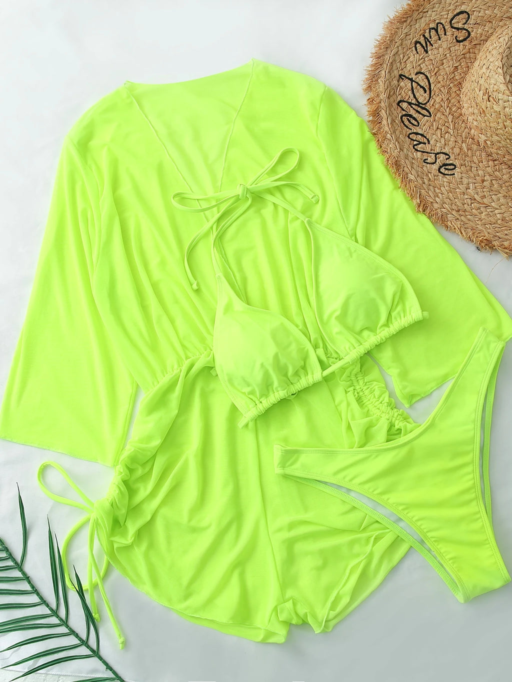 Swim Lushoire Women's Summer New Solid Color 3 Pieces Set Halter Bikini Low-Waist Triangle Panty Mesh Romper - image 19