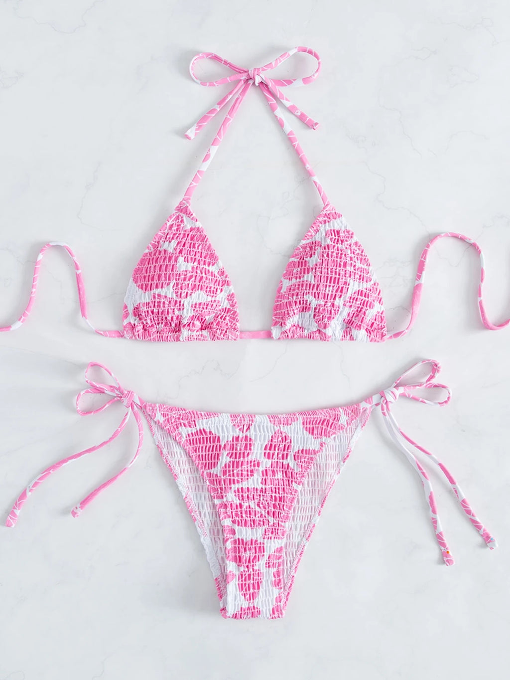 Swim Mod Summer Beach Random Print Smocked Halter Bikini