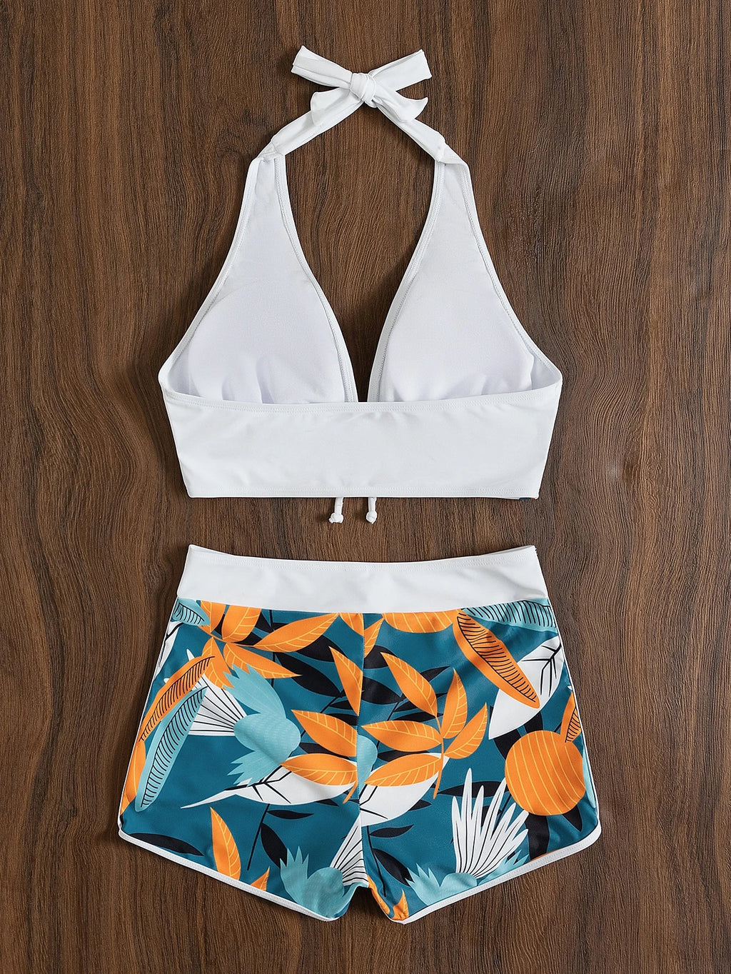 Swim Lushoire Summer Beach Plant Print Halter Shorts Bikini