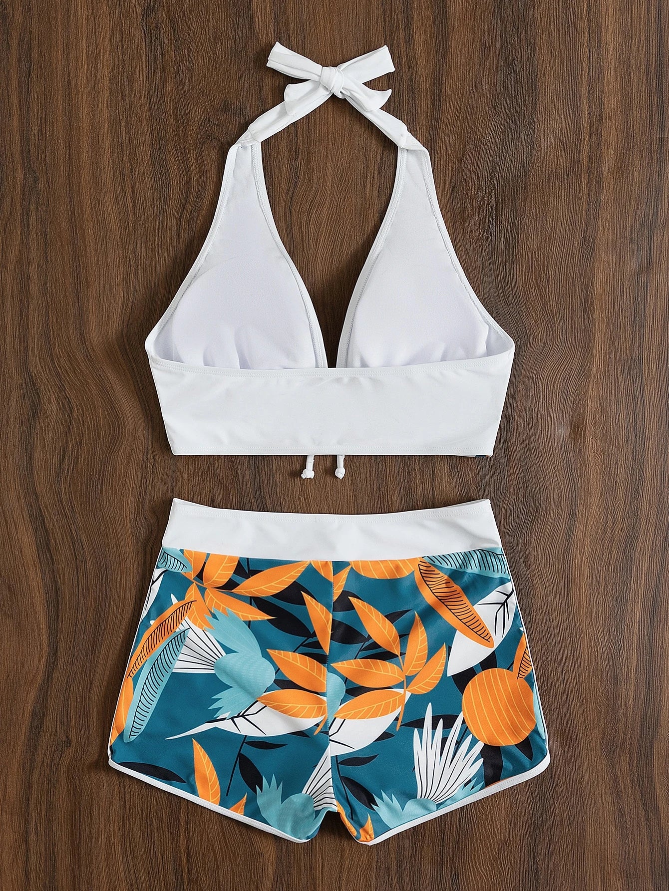 Swim Lushoire Summer Beach Plant Print Halter Shorts Bikini