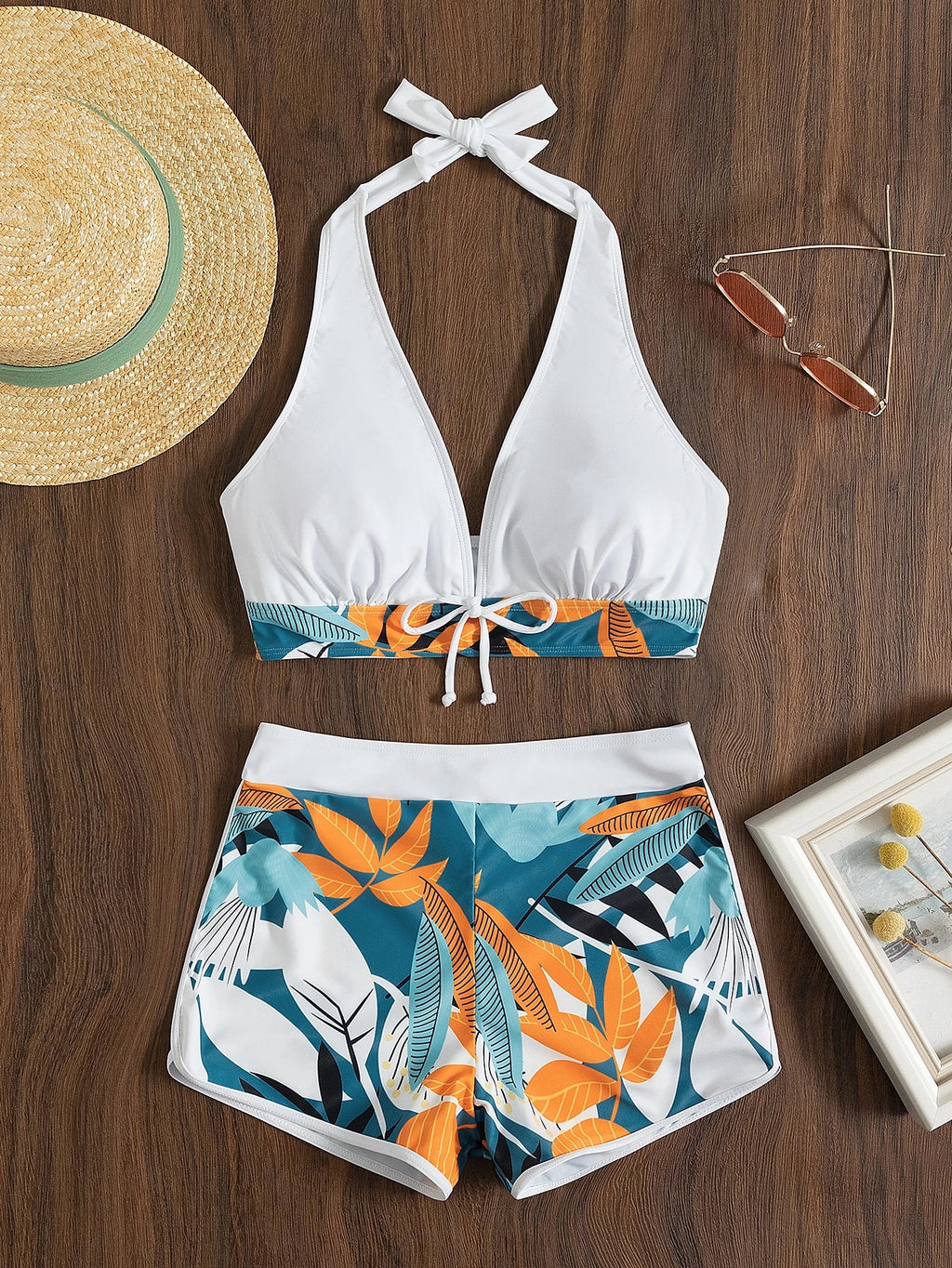 Swim Lushoire Summer Beach Plant Print Halter Shorts Bikini