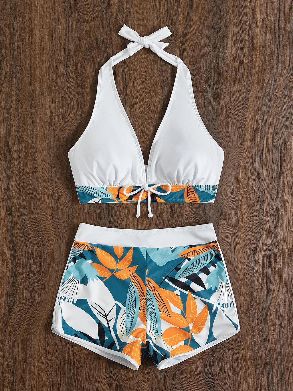 Swim Lushoire Summer Beach Plant Print Halter Shorts Bikini