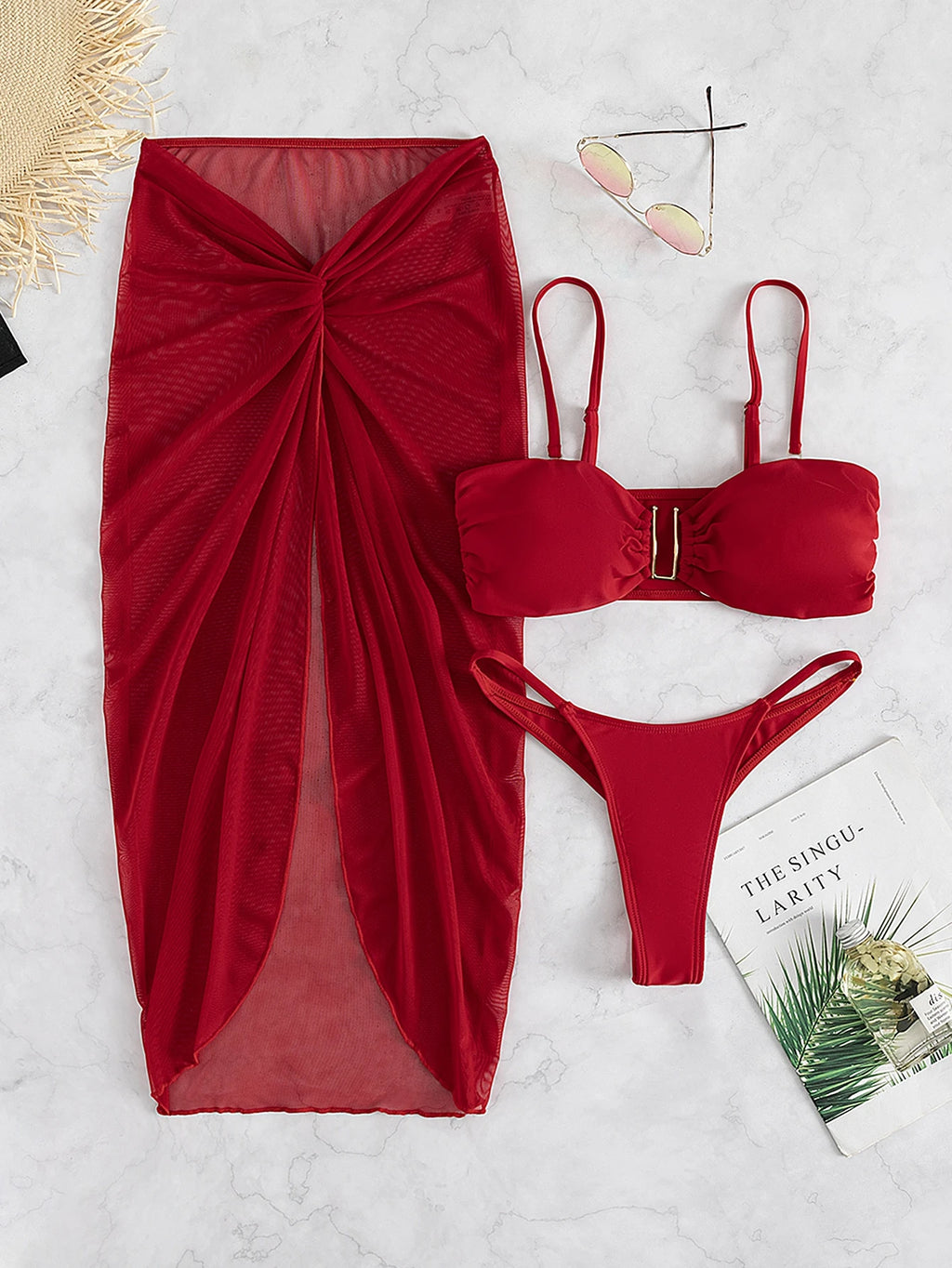 Swim Basics 3pcs/Set 2025 Solid Color Bikini Swimwear (3pcs Set) For Beach Vacation Summer - image 4