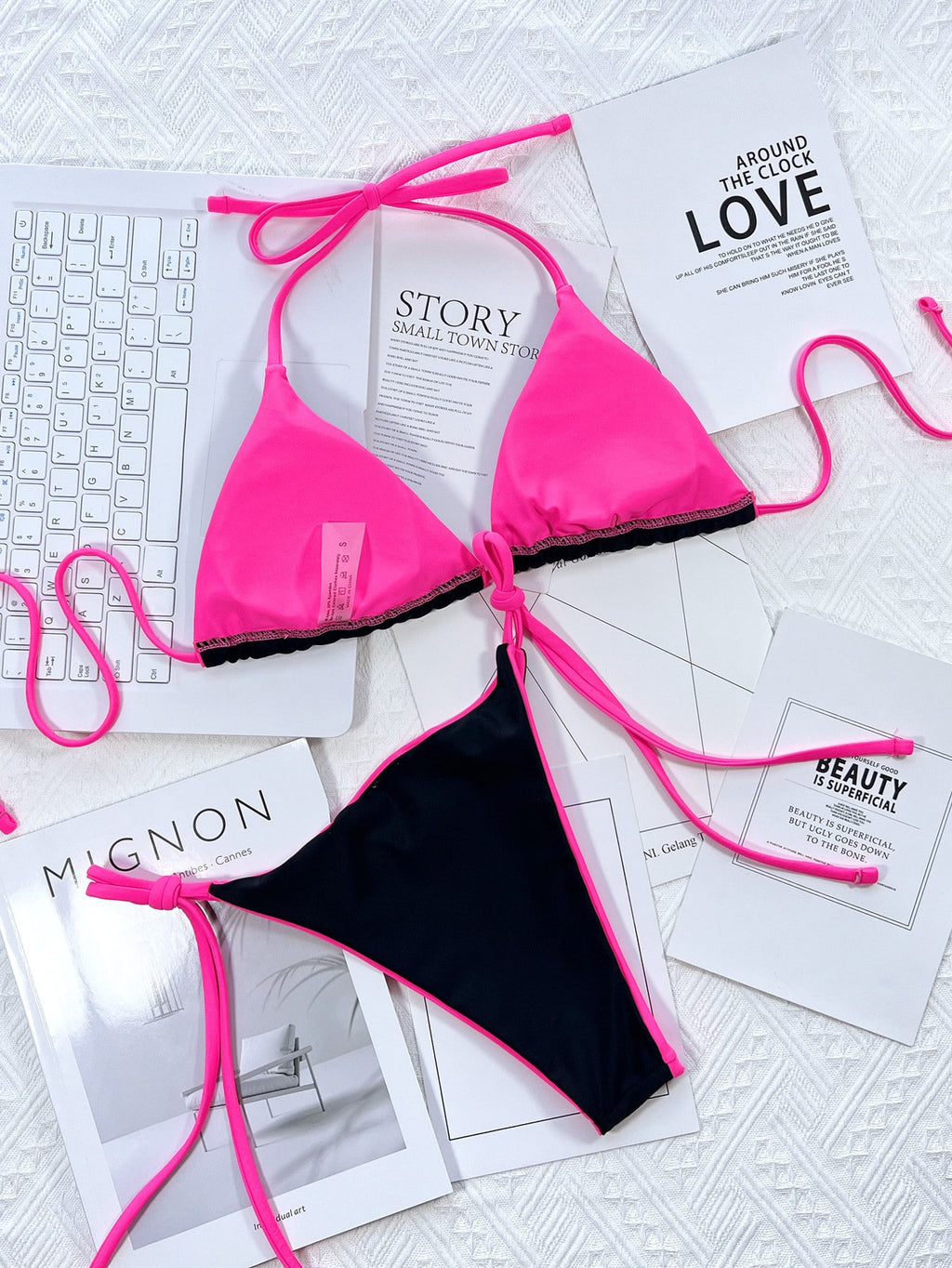 Swim SXY Summer Beach Contrast Neon Trim Halter Triangle Tie Side
