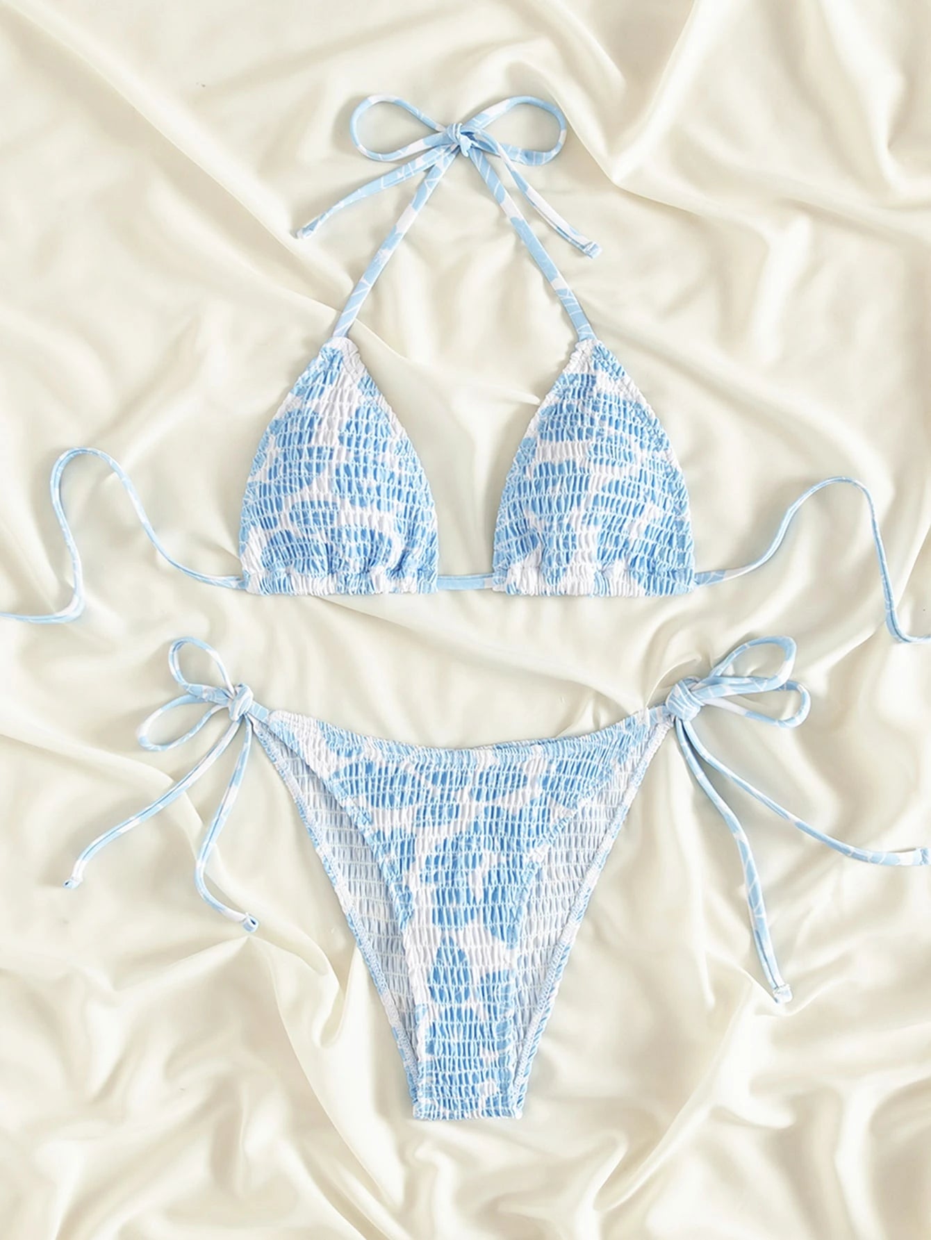 Swim Mod Summer Beach Random Print Smocked Halter Bikini