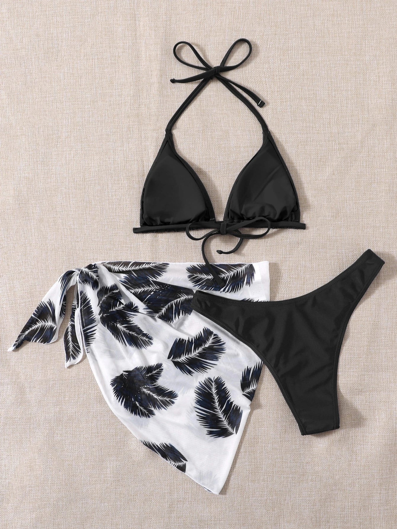 Swim Vcay Summer Beach Leaf Print Bikini Set Halter Triangle Bra & High Cut Bottom & Cover Up Skirt 3 Piece - image 2