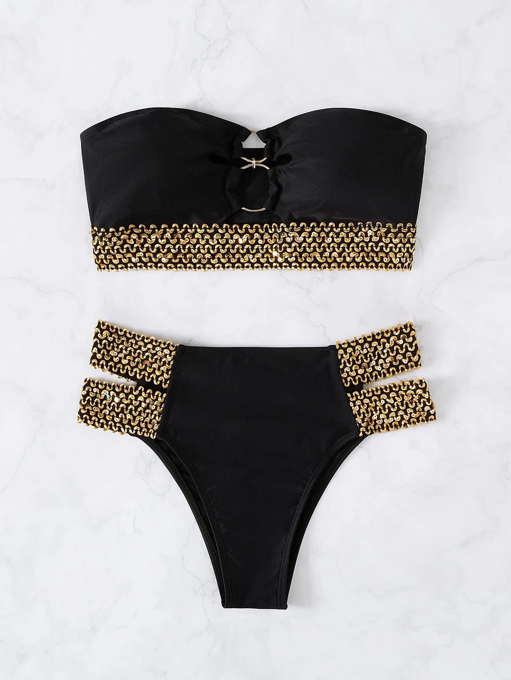 Swim Lushoire Summer Beach Stitch Detail Ring Linked Bandeau Bikini