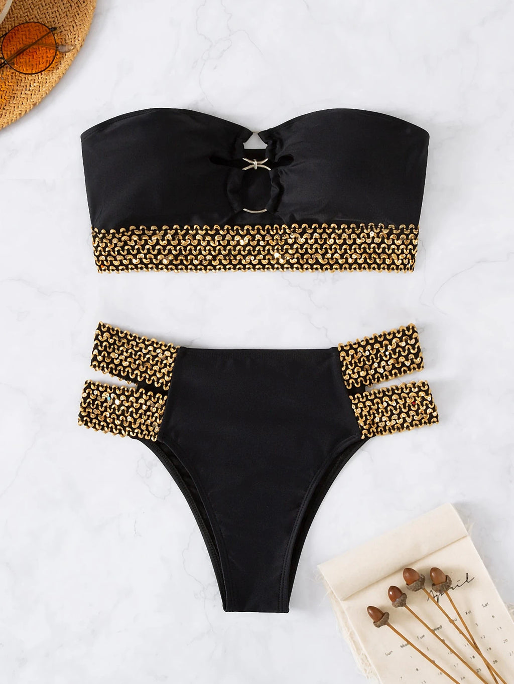 Swim Lushoire Summer Beach Stitch Detail Ring Linked Bandeau Bikini