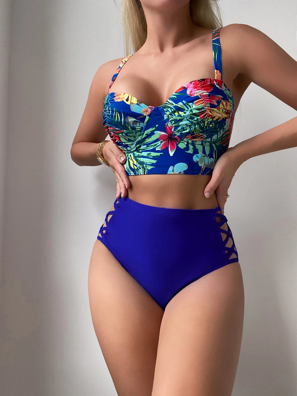 Swim Lushoire Summer Beach Tropical Print Bikini Set Underwire Push Up Cami Top & Criss Cross High Waisted - image 3