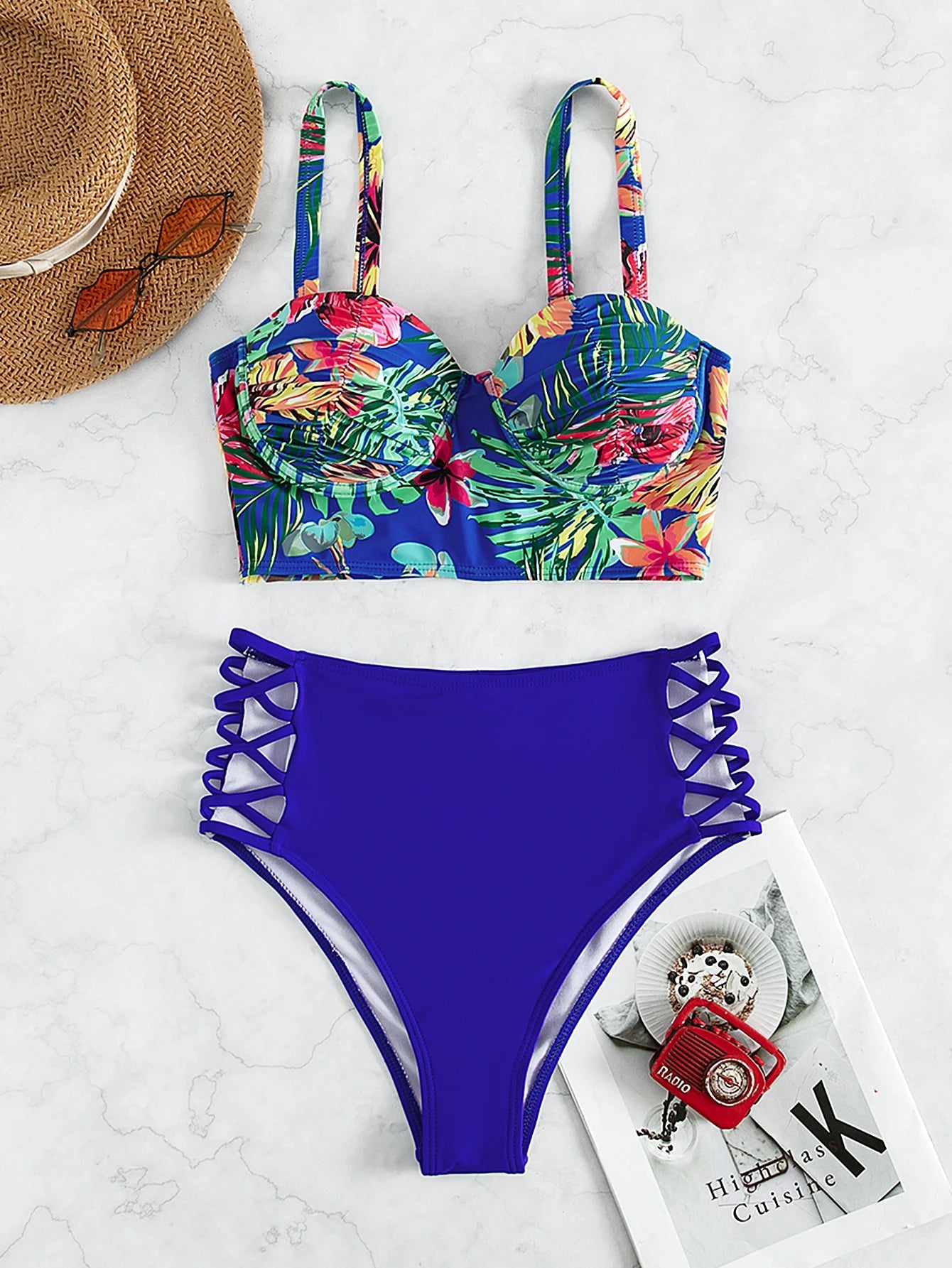 Swim Lushoire Summer Beach Tropical Print Bikini Set Underwire Push Up Cami Top & Criss Cross High Waisted - image 5