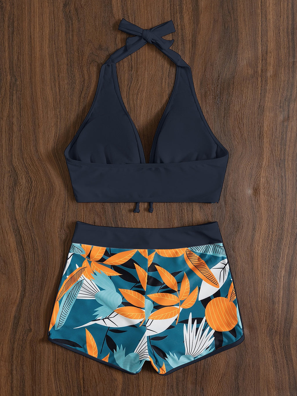 Swim Lushoire Summer Beach Plant Print Halter Shorts Bikini