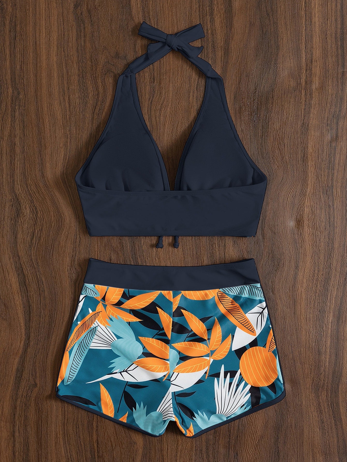 Swim Lushoire Summer Beach Plant Print Halter Shorts Bikini