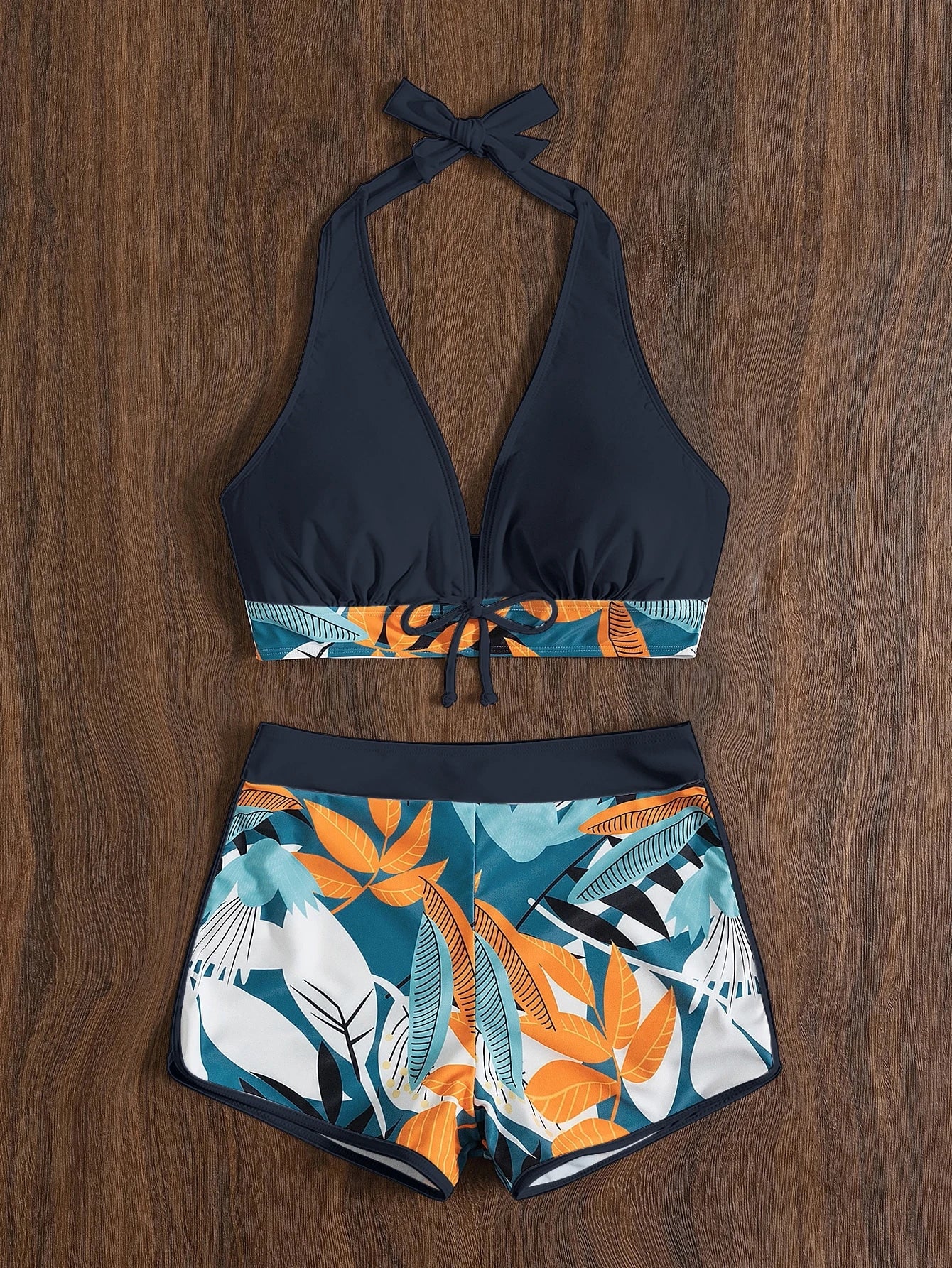 Swim Lushoire Summer Beach Plant Print Halter Shorts Bikini