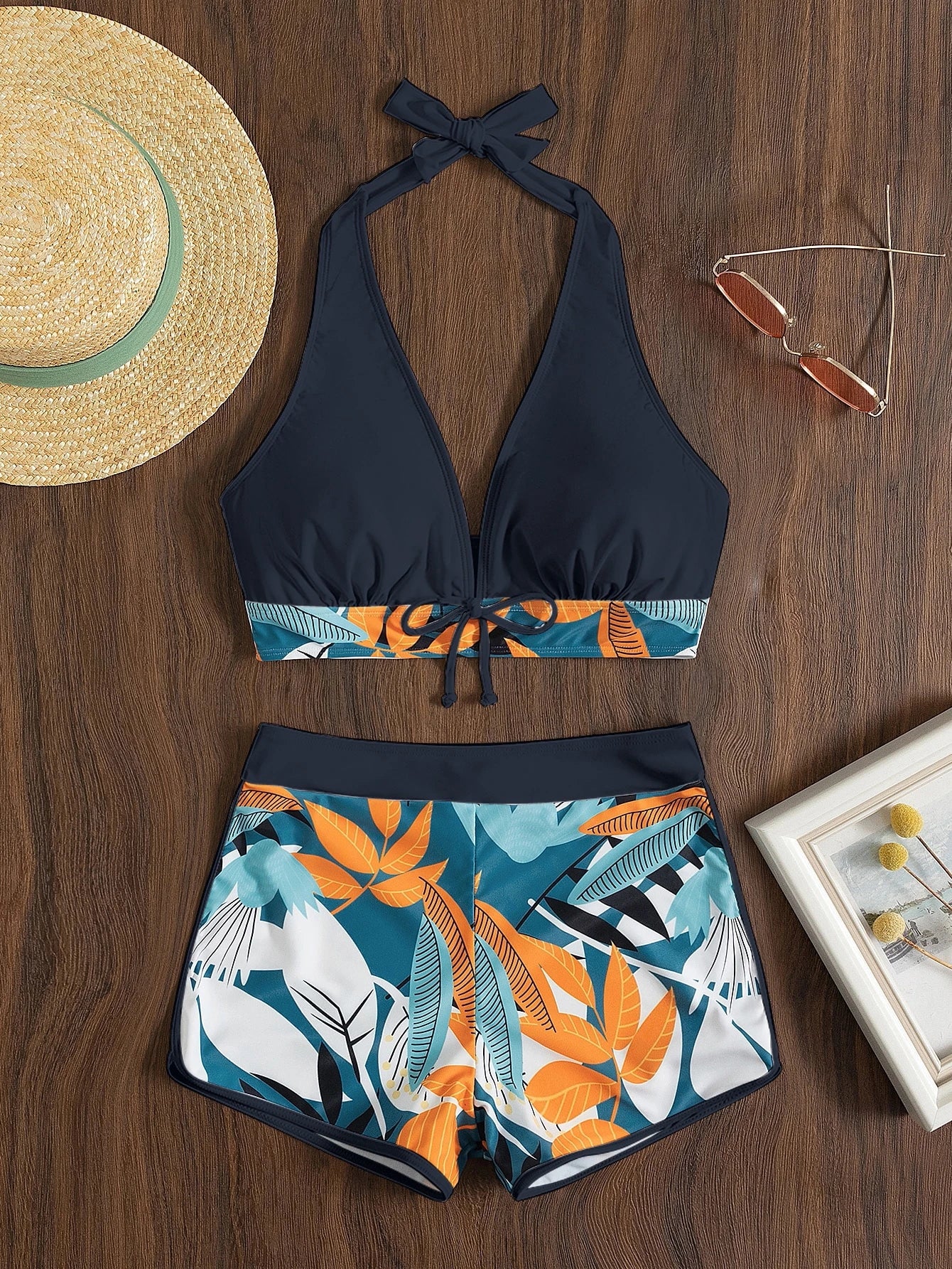 Swim Lushoire Summer Beach Plant Print Halter Shorts Bikini