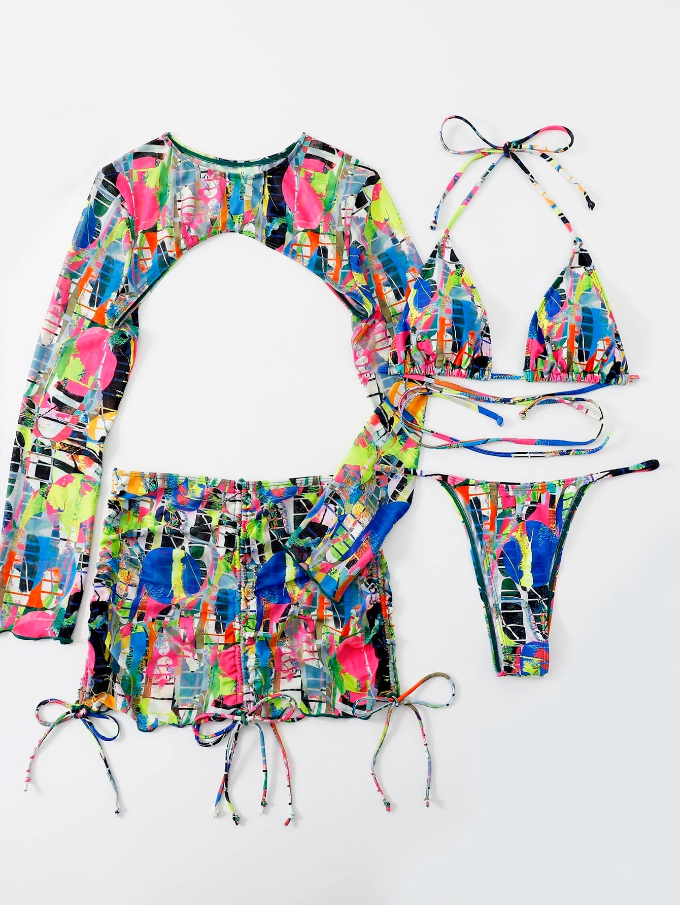 Swim Summer Beach Allover Print Bikini Set Criss Cross Triangle Bra &