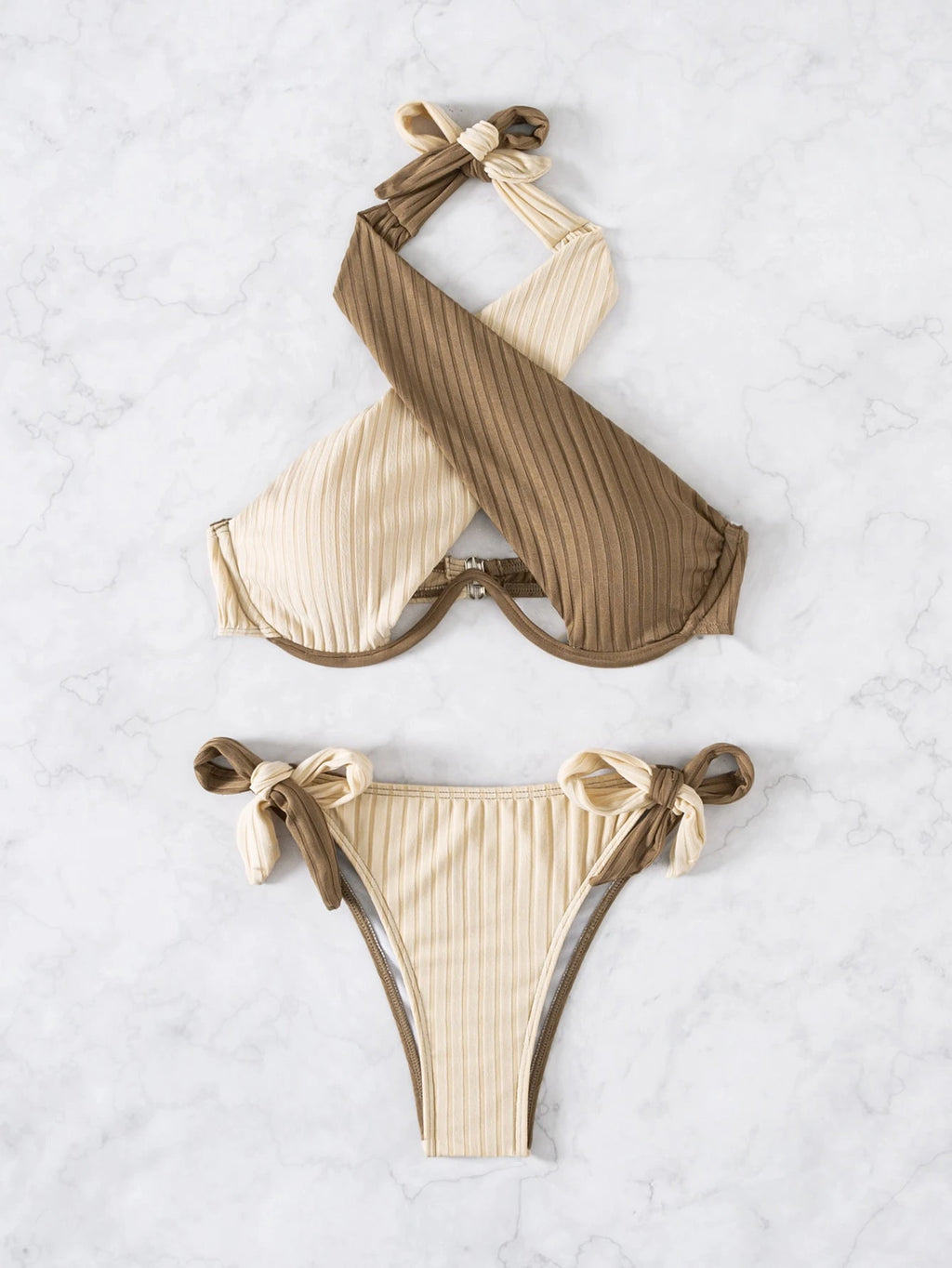 Swim Mod Summer Beach Two Tone Bikini Set Crisscross Cut Out