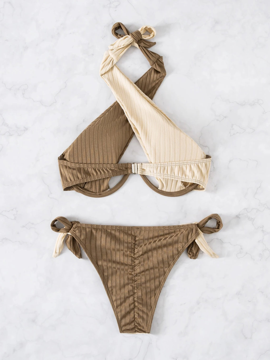 Swim Mod Summer Beach Two Tone Bikini Set Crisscross Cut Out