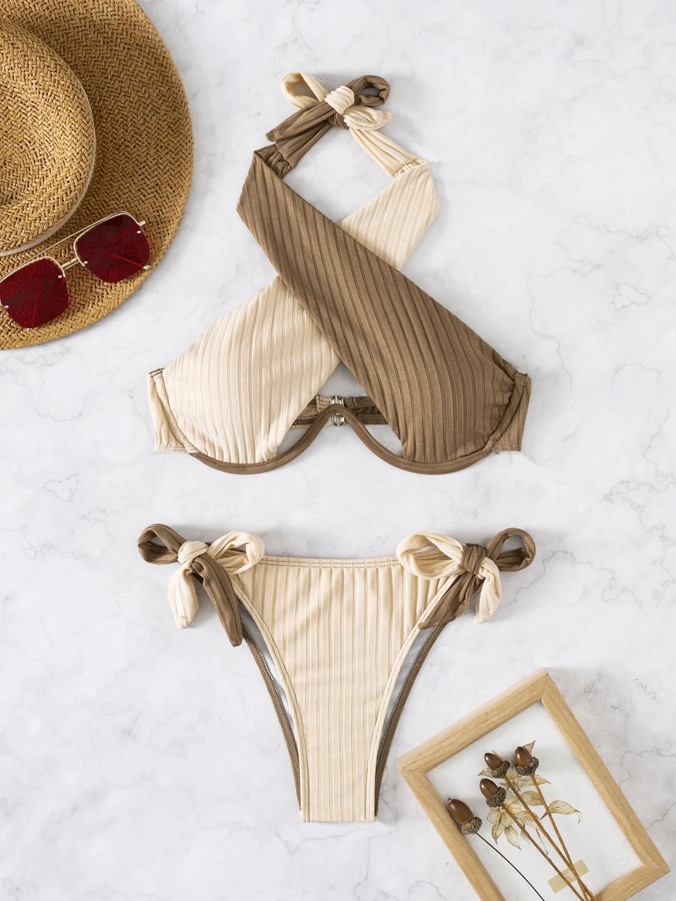 Swim Mod Summer Beach Two Tone Bikini Set Crisscross Cut Out