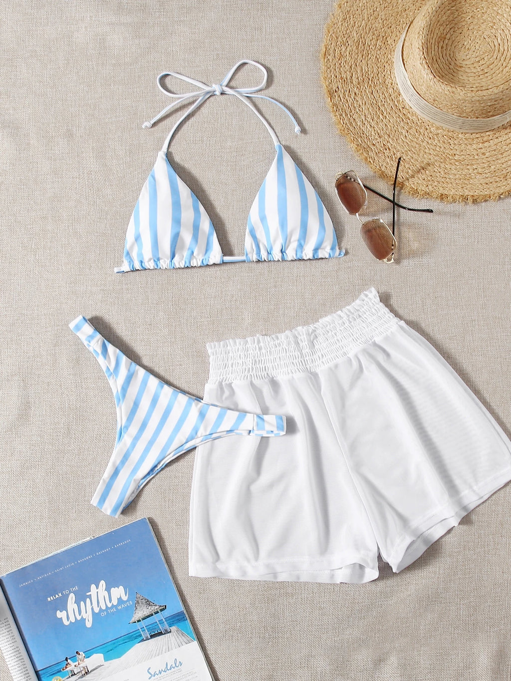 Swim Mod 3pcs Set Fresh Blue & White Striped Top, Blue Bottom And White Cover Up