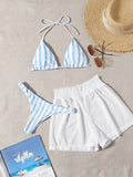 Swim Mod 3pcs Set Fresh Blue & White Striped Top, Blue Bottom And White Cover Up