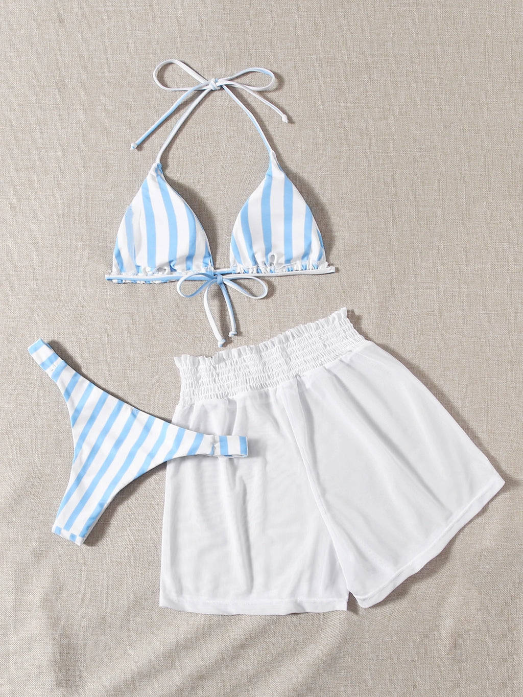 Swim Mod Summer Beach Striped Triangle Bikini Set & Mesh Shorts
