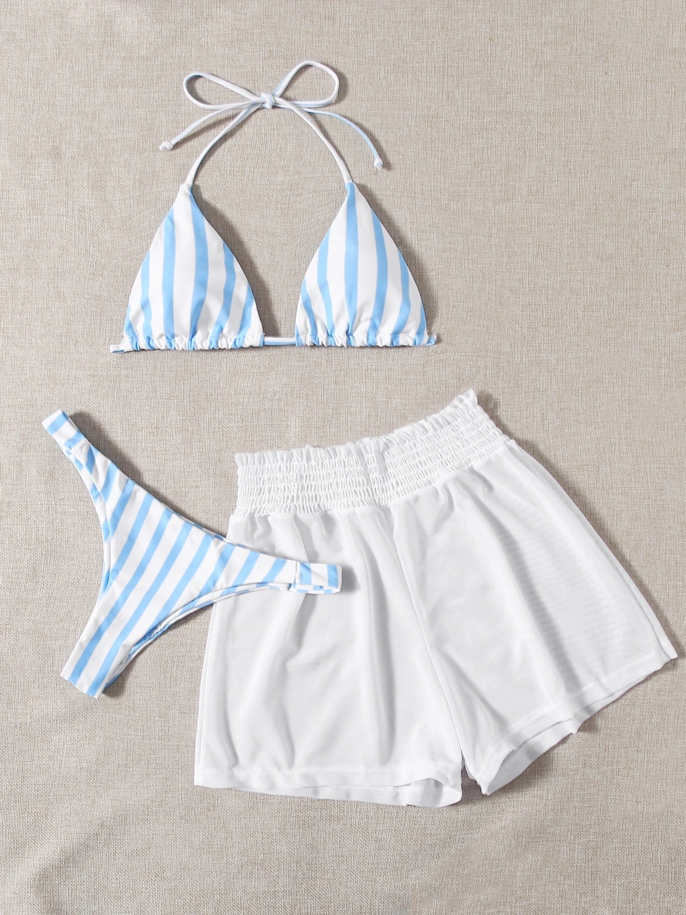 Swim Mod 3pcs Set Fresh Blue & White Striped Top, Blue Bottom And White Cover Up