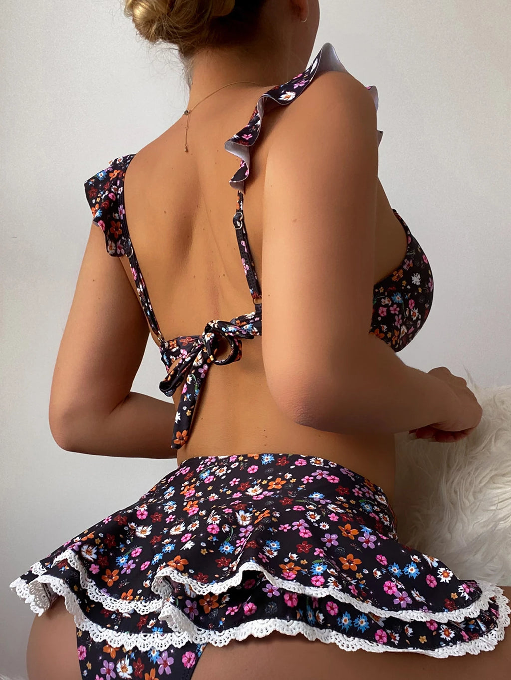 Swim Mod Summer Beach Ditsy Floral Print Bikini Set Frill Trim Knot Front Bra &