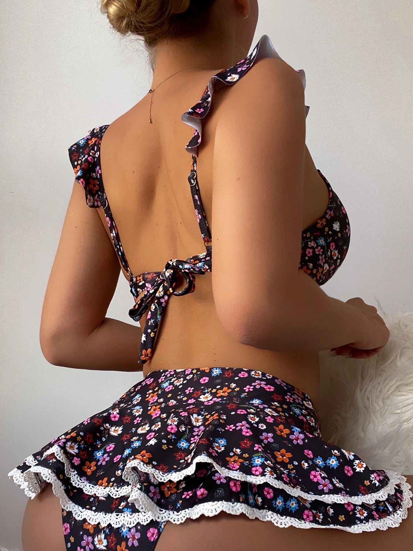 Swim Mod Summer Beach Ditsy Floral Print Bikini Set Frill Trim Knot Front Bra &