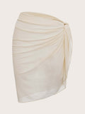 Swim Mod Summer Beach Ladies' Solid Color Simple Ruched Design Cover-Up