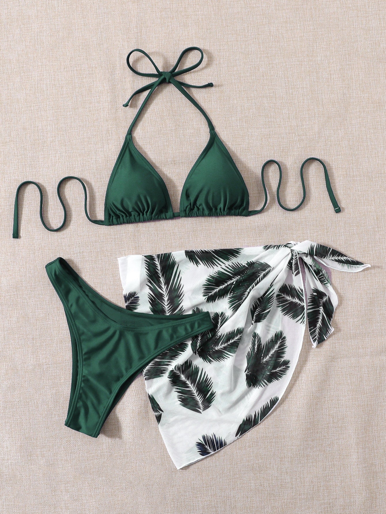 Swim Vcay Summer Beach Leaf Print Bikini Set Halter Triangle Bra &