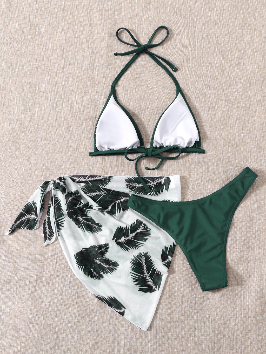 Swim Vcay Summer Beach Leaf Print Bikini Set Halter Triangle Bra &