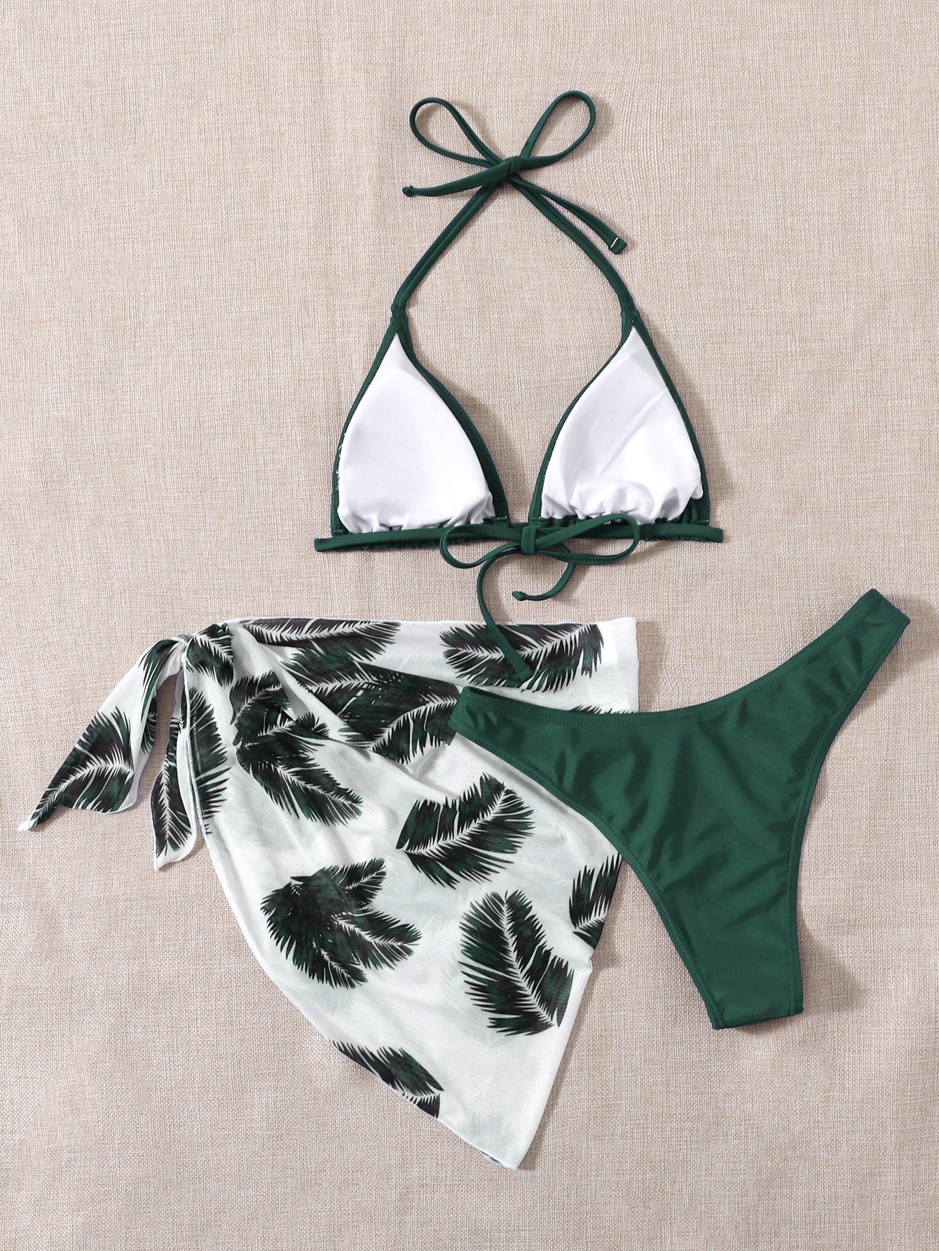 Swim Vcay Summer Beach Leaf Print Bikini Set Halter Triangle Bra &