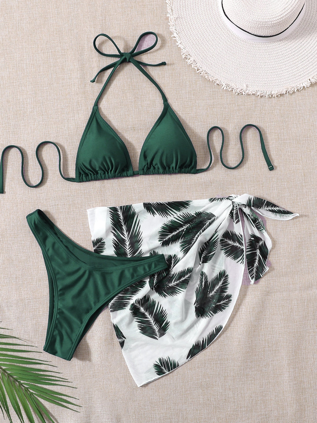 Swim Vcay Summer Beach Leaf Print Bikini Set Halter Triangle Bra &