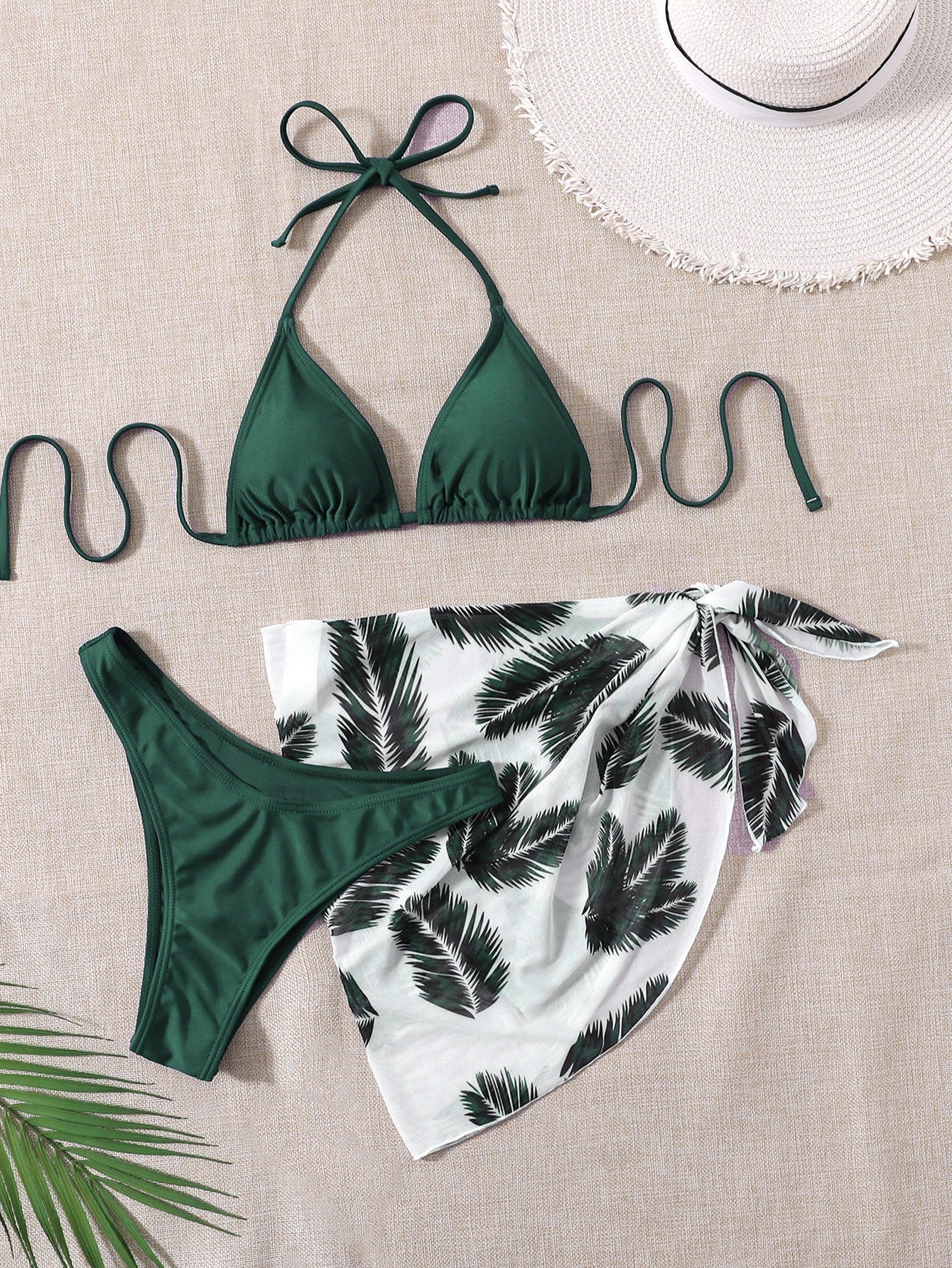 Swim Vcay Summer Beach Leaf Print Bikini Set Halter Triangle Bra &