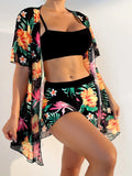 Swim Lushoire Tropical Print Bikini Set Wireless Cami Top & Boxer Shorts & Open