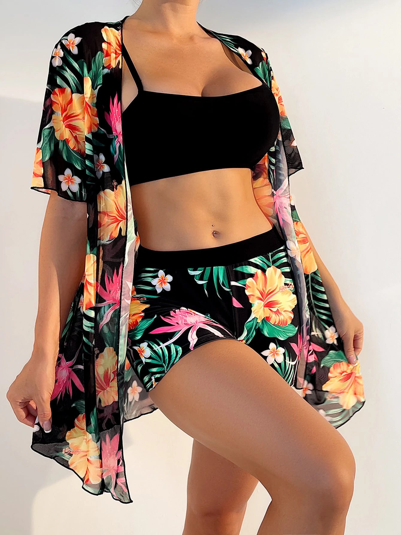 Swim Lushoire Tropical Print Bikini Set Wireless Cami Top & Boxer Shorts & Open