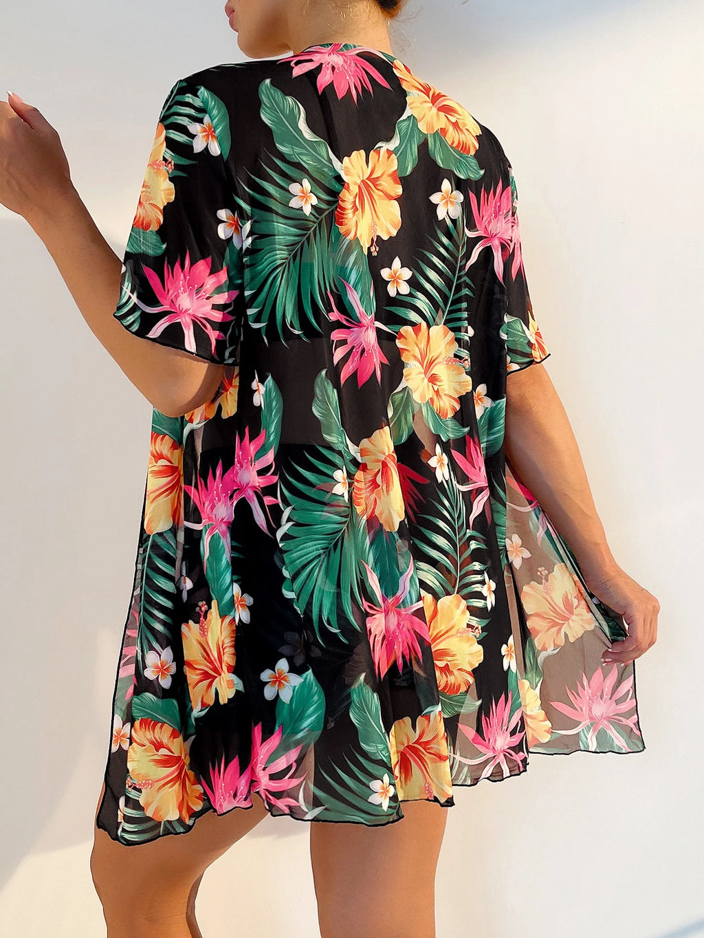 Swim Lushoire Tropical Print Bikini Set Wireless Cami Top & Boxer Shorts & Open