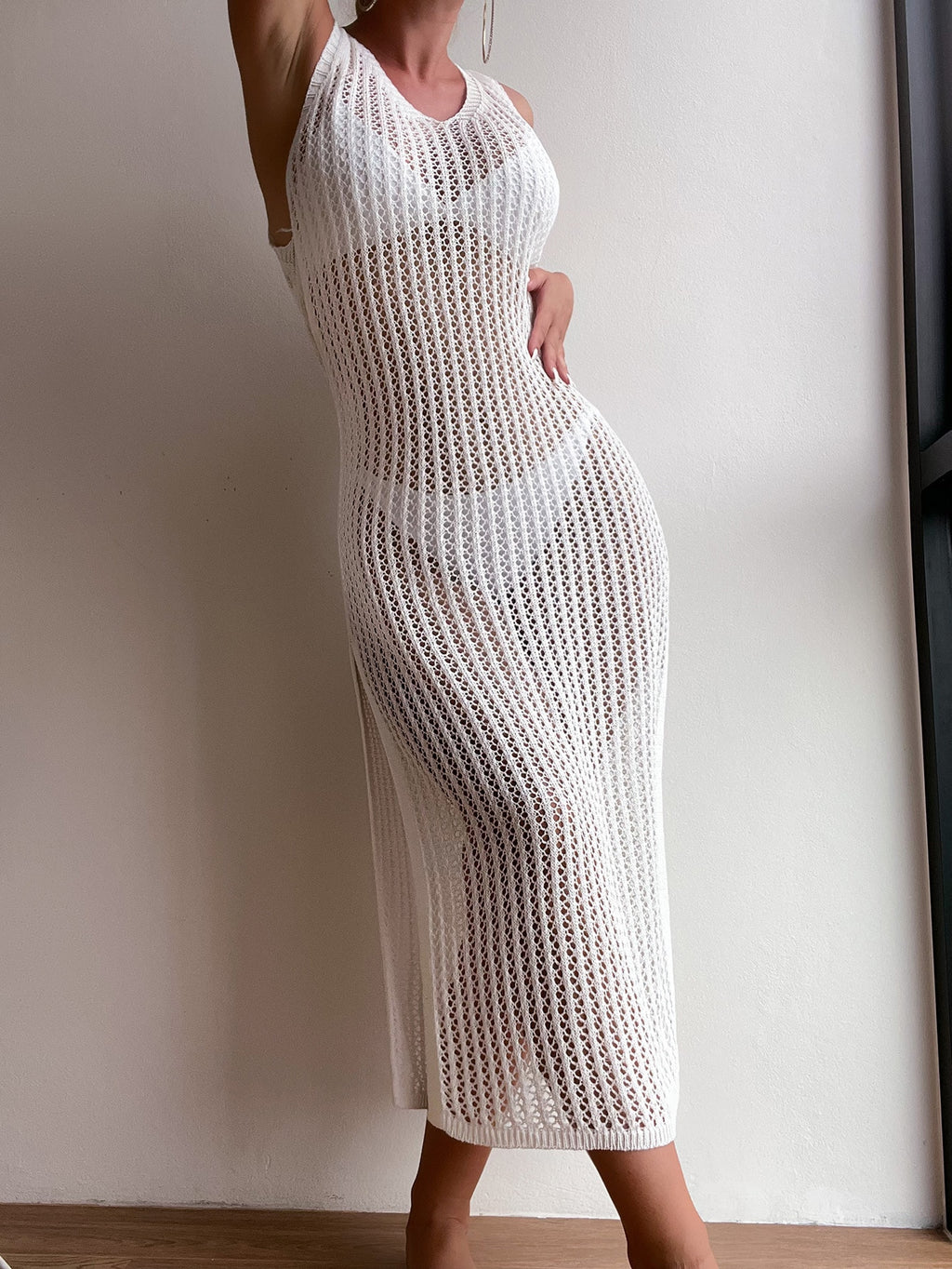 Swim Summer Beach Hollow Out Split Thigh Cover Up Dress Without Bikini Set Semi-Sheer Dress - image 8