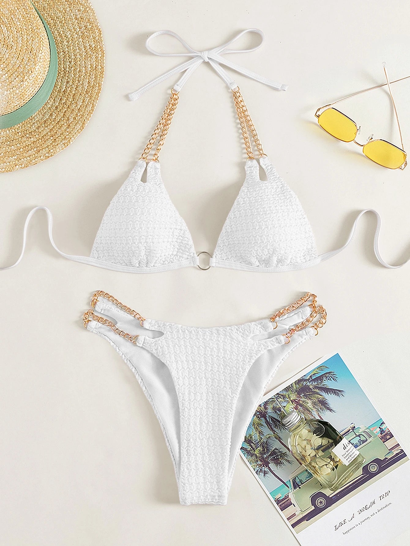 Swim Lushoire 2026 Spring/Summer 2-Piece Women's White Chain Strap Halter Sexy S
