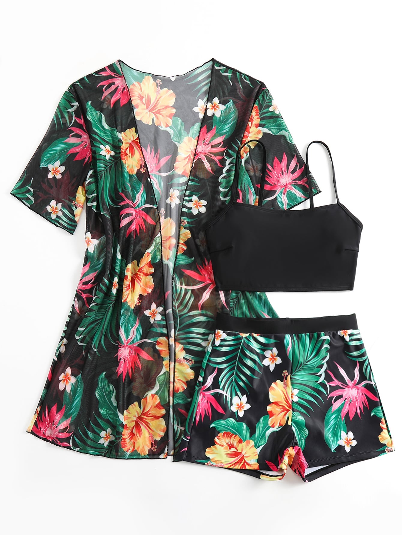 Swim Lushoire Tropical Print Bikini Set Wireless Cami Top & Boxer Shorts & Open