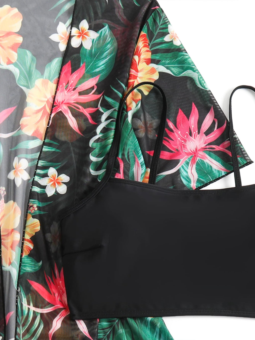 Swim Lushoire Tropical Print Bikini Set Wireless Cami Top & Boxer Shorts & Open