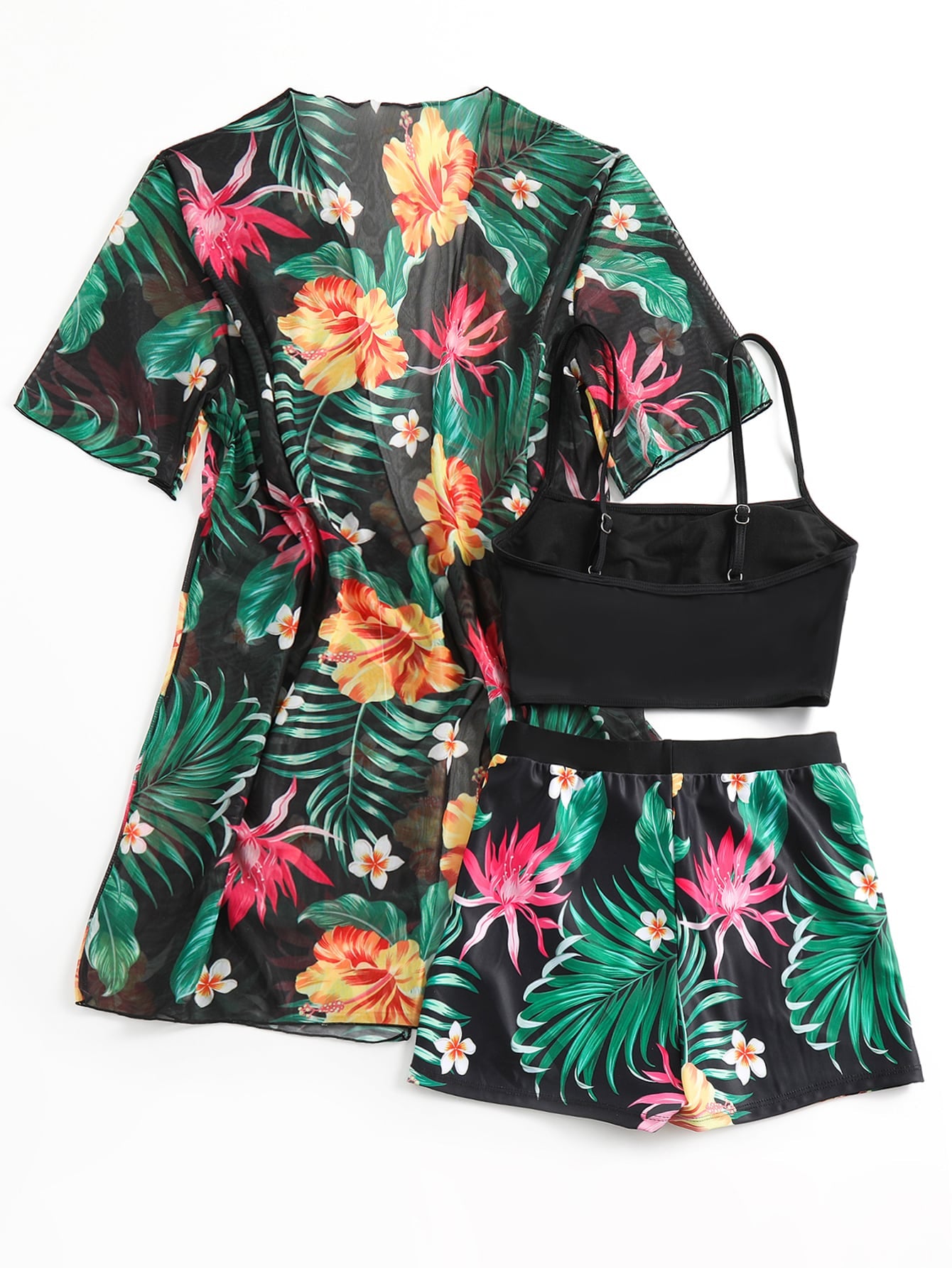 Swim Lushoire Tropical Print Bikini Set Wireless Cami Top & Boxer Shorts & Open