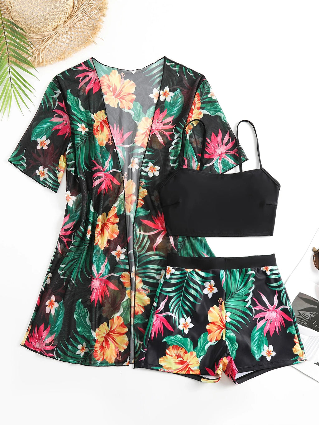 Swim Lushoire Tropical Print Bikini Set Wireless Cami Top & Boxer Shorts & Open
